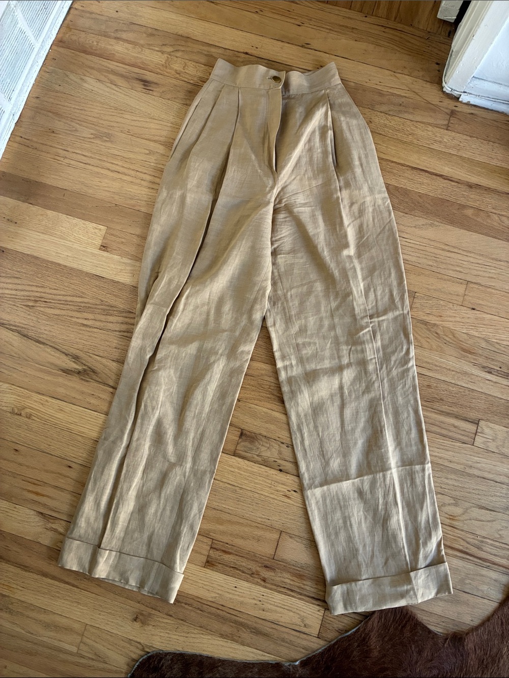 Montana Light Tan Pleated Linen wide leg Trousers high waisted size 4